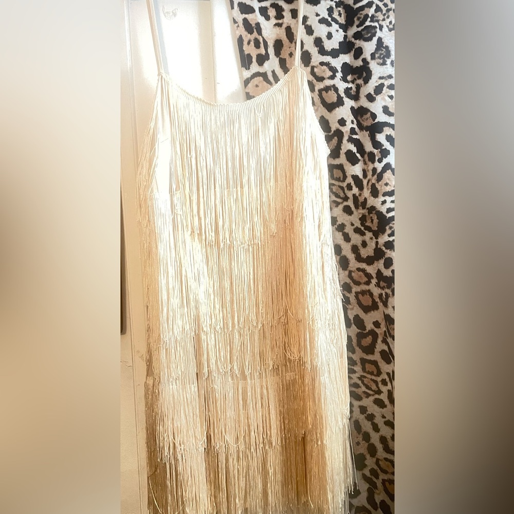 Cream colored/ off white  strapless fringe dress